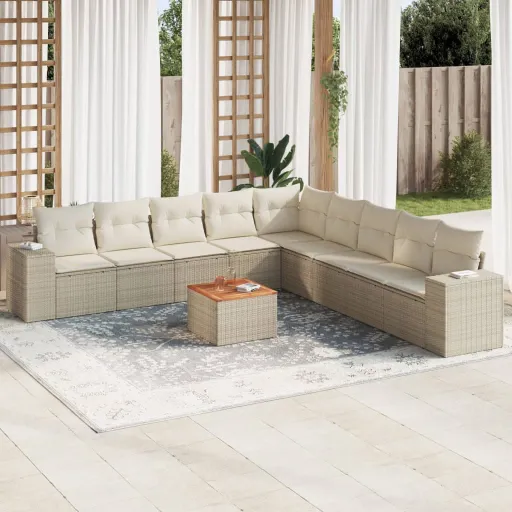 Conjunto de Sofás p/ Jardim com Almofadões Vime PE Bege (10 pcs)