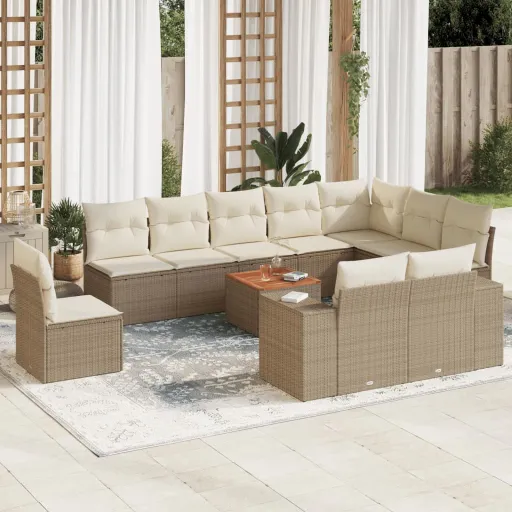 Conjunto Sofás de Jardim c/ Almofadões Vime PE Bege (11 pcs)