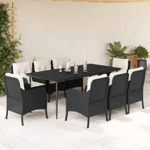Conjunto de Jantar p/ Jardim c/ Almofadões Vime PE Preto (9 pcs)