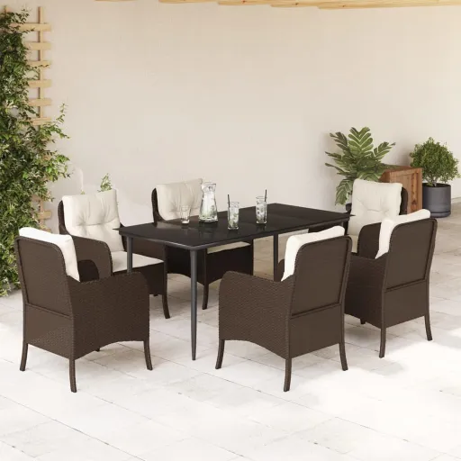 Conjunto Jantar p/ Jardim c/ Almofadões Vime PE Castanho (7 pcs)