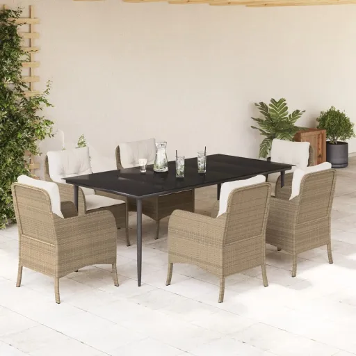 Conjunto de Jantar p/ Jardim com Almofadões Vime PE Bege (7 pcs)