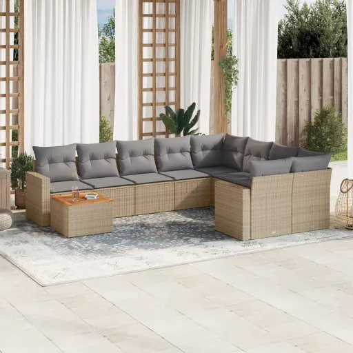 Conjunto de Sofás p/ Jardim com Almofadões Vime PE Bege (10 pcs)
