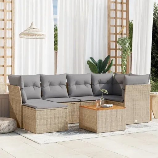 Conjunto de Sofás p/ Jardim com Almofadões Vime PE Bege (7 pcs)