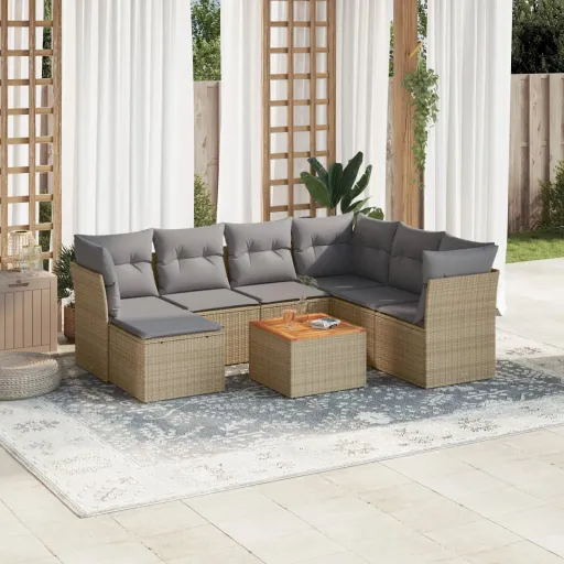 Conjunto de Sofás p/ Jardim com Almofadões Vime PE Bege (8 pcs)
