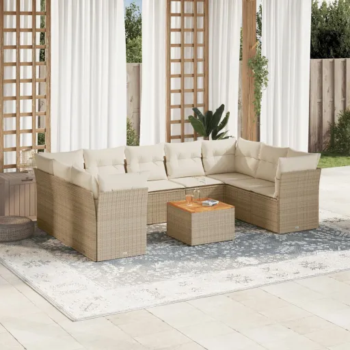Conjunto de Sofás p/ Jardim com Almofadões Vime PE Bege (10 pcs)