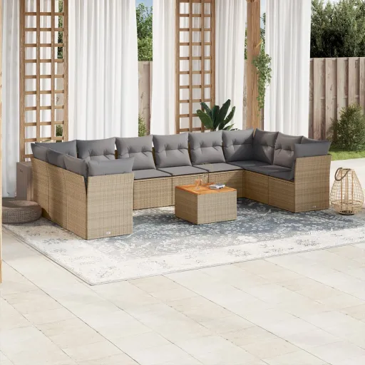 Conjunto Sofás de Jardim c/ Almofadões Vime PE Bege (11 pcs)