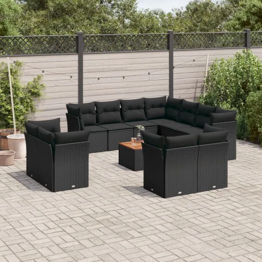 Conjunto de Sofás de Jardim c/ Almofadões Vime PE Preto (12 pcs)