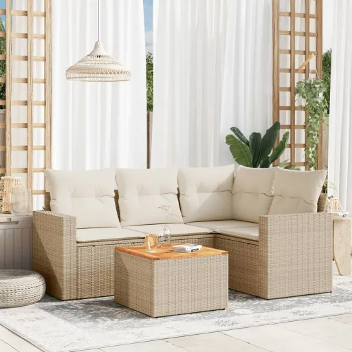 Conjunto de Sofás p/ Jardim com Almofadões Vime PE Bege (5 pcs)
