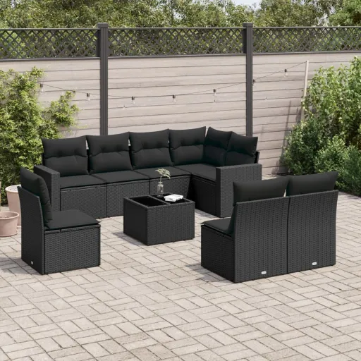 Conjunto de Sofás p/ Jardim c/ Almofadões Vime PE Preto (9 pcs)