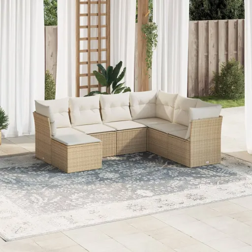Conjunto de Sofás p/ Jardim com Almofadões Vime PE Bege (7 pcs)