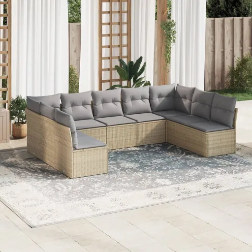 Conjunto de Sofás p/ Jardim com Almofadões Vime PE Bege (9 pcs)
