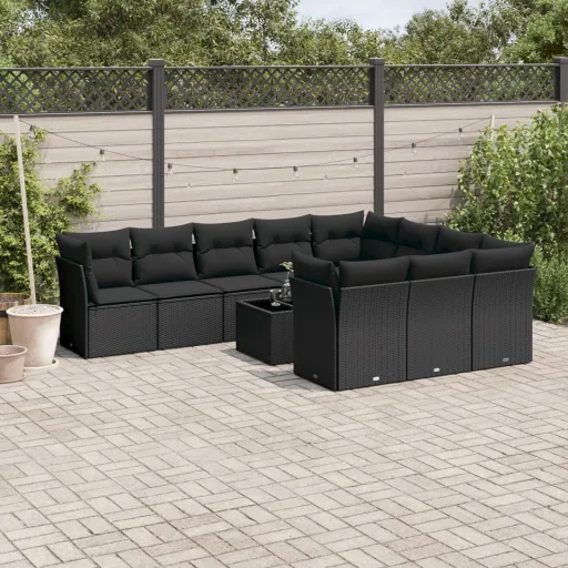 Conjunto Sofás de Jardim c/ Almofadões Vime PE Preto (11 pcs)