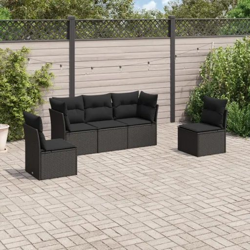 Conjunto Sofás de Jardim com Almofadões Vime PE Preto (5 pcs)