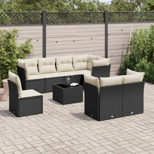 Conjunto de Sofás p/ Jardim c/ Almofadões Vime PE Preto (9 pcs)