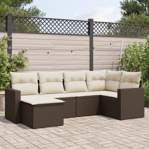 Conjunto de Sofás Jardim c/ Almofadões Vime PE Castanho (6 pcs)