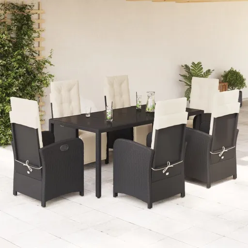 Conjunto de Jantar p/ Jardim c/ Almofadões Vime PE Preto (7 pcs)