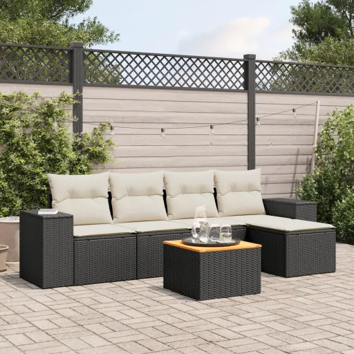 Conjunto Sofás de Jardim c/ Almofadões Vime PE Preto (6 pcs)