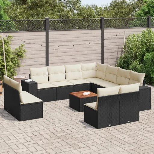 Conjunto de Sofás de Jardim c/ Almofadões Vime PE Preto (12 pcs)