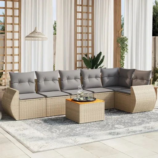 Conjunto de Sofás p/ Jardim com Almofadões Vime PE Bege (7 pcs)