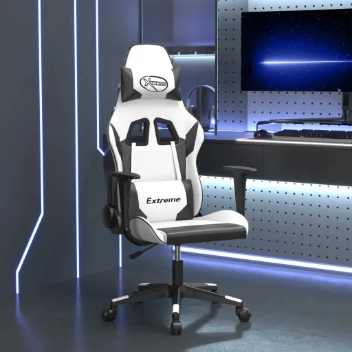 Cadeira Gaming Massagens Couro Artificial Branco e Preto
