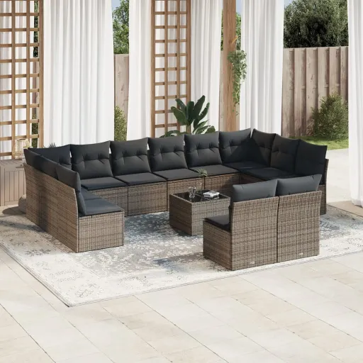 Conjunto Sofás p/ Jardim c/ Almofadões Vime PE Cinzento (13 pcs)