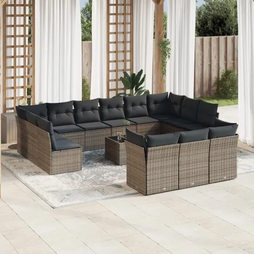 Conjunto Sofás p/ Jardim c/ Almofadões Vime PE Cinzento (14 pcs)