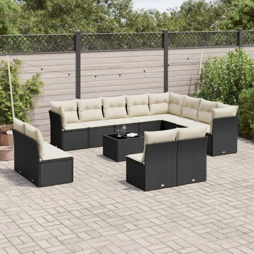 Conjunto de Sofás de Jardim com Almofadões Vime PE Preto (13 pcs)