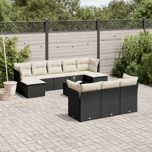 Conjunto Sofás de Jardim c/ Almofadões Vime PE Preto (11 pcs)