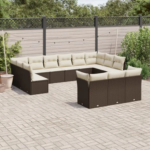 Conjunto Sofás p/ Jardim c/ Almofadões Vime PE Castanho (13 pcs)