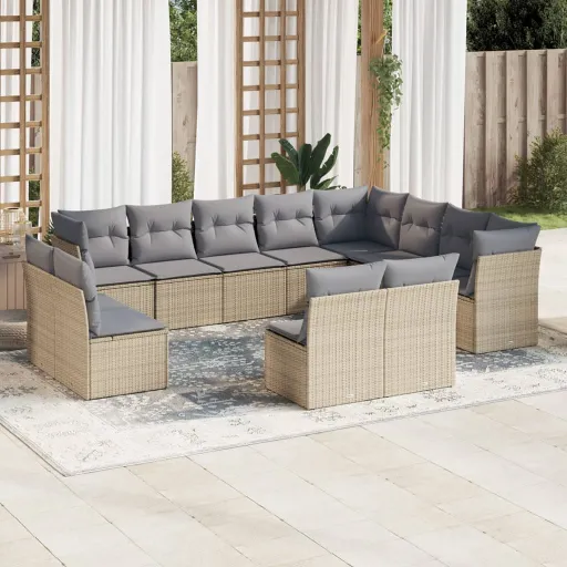 Conjunto de Sofás p/ Jardim com Almofadões Vime PE Bege (12 pcs)