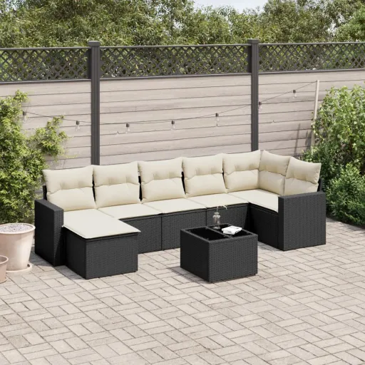 Conjunto Sofás de Jardim com Almofadões Vime PE Preto (8 pcs)
