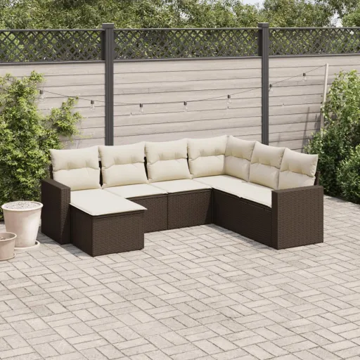 Conjunto de Sofás Jardim c/ Almofadões Vime PE Castanho (7 pcs)