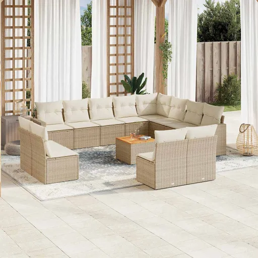 Conjunto de Sofás p/ Jardim com Almofadões Vime PE Bege  (13 pcs)