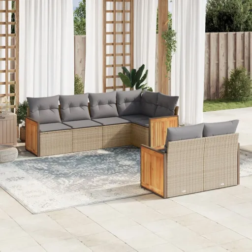 Conjunto de Sofás p/ Jardim com Almofadões Vime PE Bege (7 pcs)