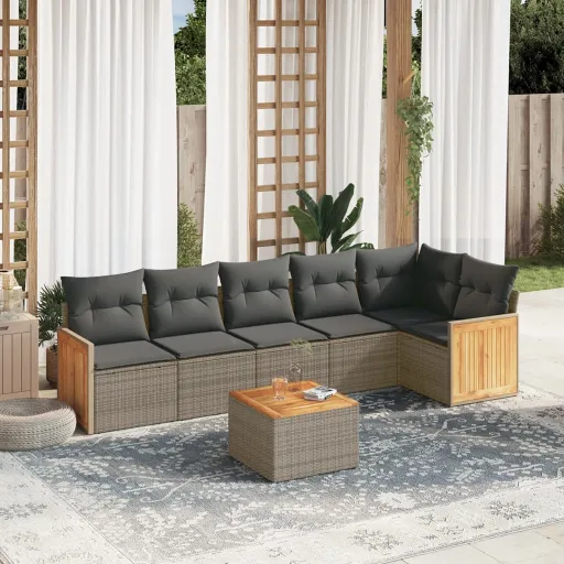 Conjunto Sofás p/ Jardim c/ Almofadões Vime PE Cinzento (7 pcs)