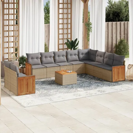Conjunto Sofás de Jardim c/ Almofadões Vime PE Bege (11 pcs)