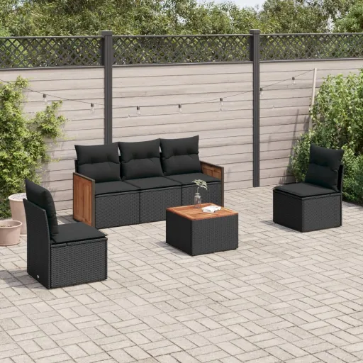 Conjunto Sofás de Jardim c/ Almofadões Vime PE Preto (6 pcs)