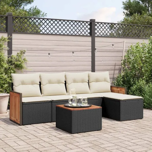 Conjunto Sofás de Jardim c/ Almofadões Vime PE Preto (6 pcs)
