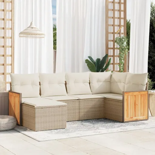 Conjunto de Sofás p/ Jardim com Almofadões Vime PE Bege (6 pcs)