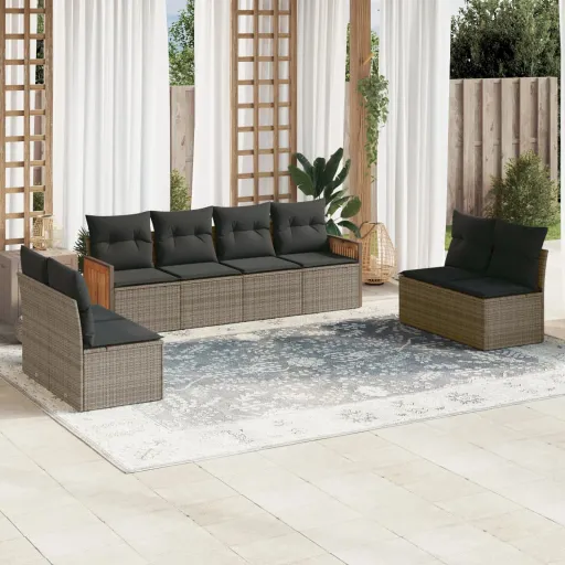 Conjunto Sofás de Jardim c/ Almofadões Vime PE Cinzento (8 pcs)