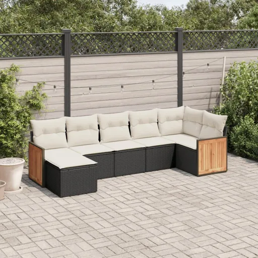 Conjunto de Sofás p/ Jardim c/ Almofadões Vime PE Preto (7 pcs)