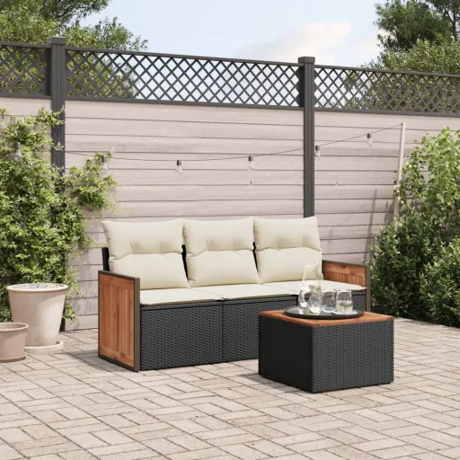 Conjunto de Sofás para Jardim c/ Almofadões Vime PE Preto (4 pcs)