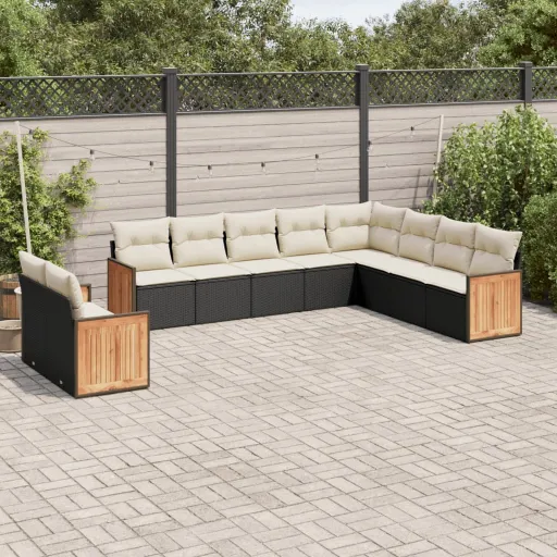 Conjunto Sofás de Jardim c/ Almofadões Vime PE Preto (10 pcs)