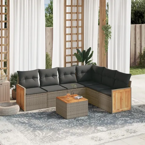 Conjunto Sofás p/ Jardim c/ Almofadões Vime PE Cinzento (7 pcs)