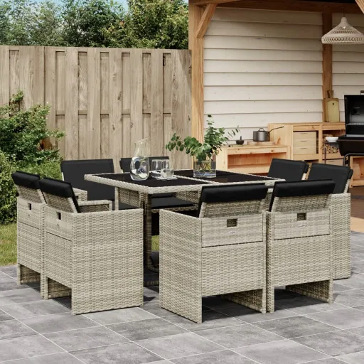 Conjunto de Jantar p/ Jardim c/ Almofadões Cinzento Claro (9 pcs)