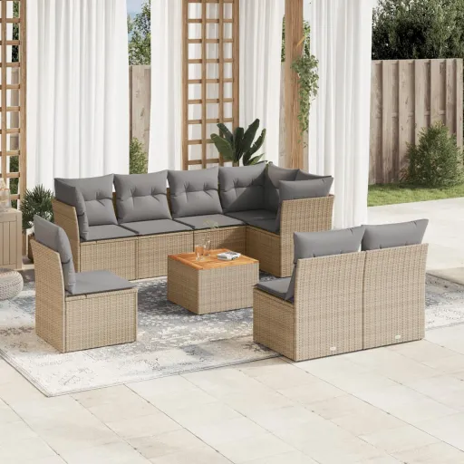 Conjunto de Sofás p/ Jardim com Almofadões Vime PE Bege (9 pcs)