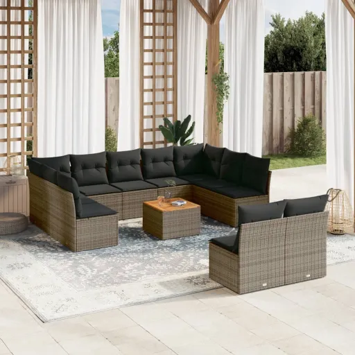 Conjunto de Sofás Jardim c/ Almofadões Vime PE Cinzento (12 pcs)