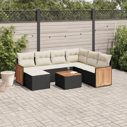 Conjunto Sofás de Jardim com Almofadões Vime PE Preto (8 pcs)