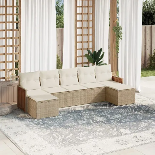 Conjunto de Sofás p/ Jardim com Almofadões Vime PE Bege (7 pcs)