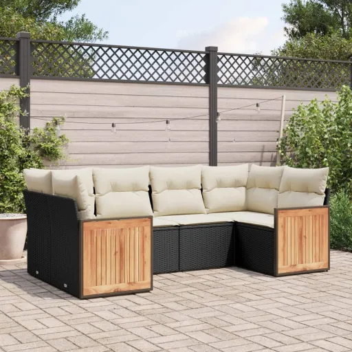 Conjunto Sofás de Jardim c/ Almofadões Vime PE Preto (6 pcs)